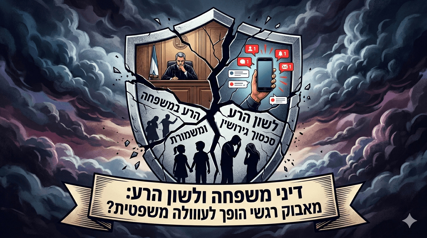 תמונת נושא של המאמר על לשון הרע במשפחה המציגה איור דרמטי של מגן אבן סדוק ושבור במרכזו המסמל את קריסת התא המשפחתי תחת שמיים קודרים ומעוננים. בתוך חלקי המגן נראים סמלים של מאבק משפטי הכוללים שופט בבית משפט, יד האוחזת בטלפון חכם עם התראות רבות המייצגת לשון הרע, וצלליות של הורים וילדים במצבי מצוקה ופרידה. על חלקי המגן מופיעים כיתובים בעברית העוסקים בגירושין, משמורת ולשון הרע, ובתחתית התמונה פרוש סרט עם הכותרת דיני משפחה ולשון הרע השואלת האם מאבק רגשי הופך לעוולה משפטית.