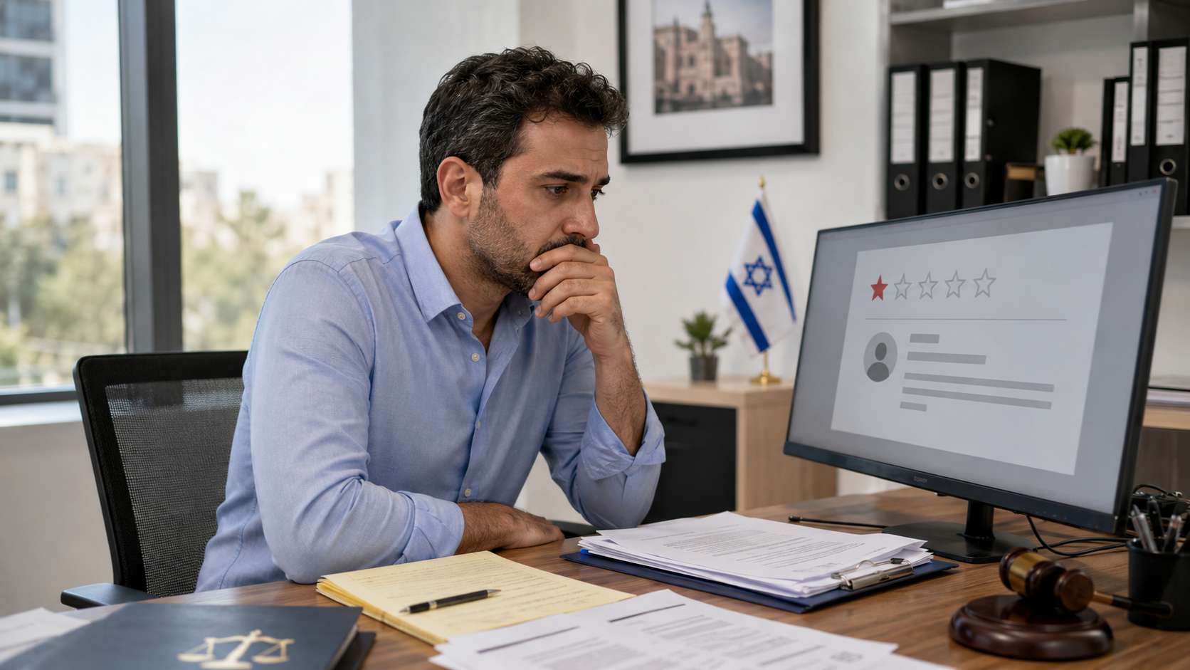 איש עסקים יושב במשרד מול ביקורת שלילית ברשת ובוחן פגיעה אפשרית במוניטין העסק ובצורך בבדיקה משפטית.